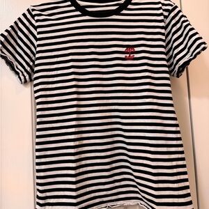 Unisex Black & White Striped Tee with Red Embroidered Detail